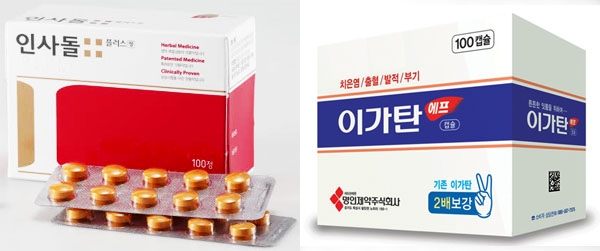 잇몸약 시장을 양분하고 있는 동국제약 '인사돌'(왼쪽)과 명인제약 '이가탄'