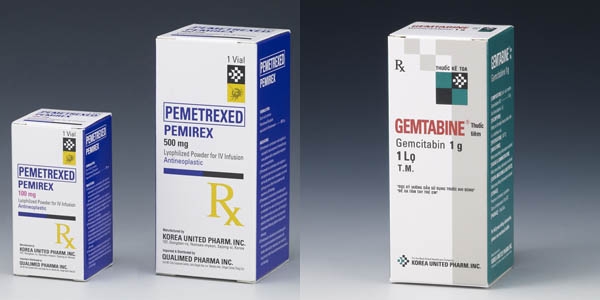 왼쪽부터 한국유나이티드제약이 수출중인 Pemetrexed 성분 항암제(필리핀)와 Gemcitabine 성분 항암제(베트남).