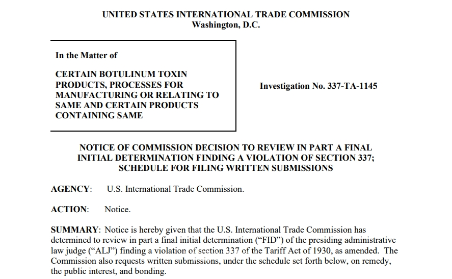 미국 국제무역위원회(ITC)는 21일(현지시간) 대웅제약 '나보타'(미국 제품명 '주보)의 수입을 10년간 금지토록 권고한 ITC 행정판사의 예비판결을 부분적으로 검토하기로 결정했다. 대웅제약의 이의신청을 받아들이고 한 것이다.