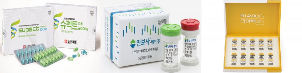 (왼쪽부터) 일양약품 '슈펙트', 코오롱생명과학 '인보사', 삼성제약 '리아백스'