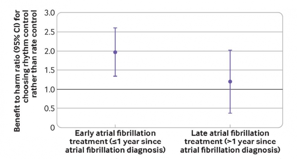 조기(1년 이내, 왼쪽 막대 그래프)에 리듬조절치료를 받은 환자의 경우 지연(1년 이후) 치료를 받은 환자에 비해 이득-위해 비율이 2배 정도 높았다.