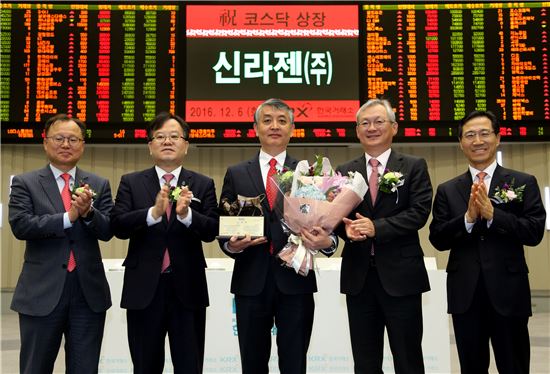 문은상 대표(사진 가운데)가 2016년 상장 기념식에 참석했다. [사진=한국거래소]