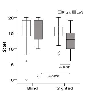 Blind(선천성 시각장애인), Sighted(비시각장애인)의 이분청취능력검사를 통해 알아본 중추청각처리 능력 비교 모습 [사진=노원을지대병원 제공]