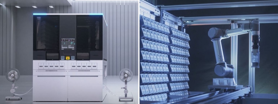 제이브이엠의 차세대 파우치 포장 자동 조제기‘MENITH’(왼쪽). 오른쪽 사진은 이 장비 내부에서다관절협동로봇을 활용해 캐니스터를 자동으로 교체하는 모습.